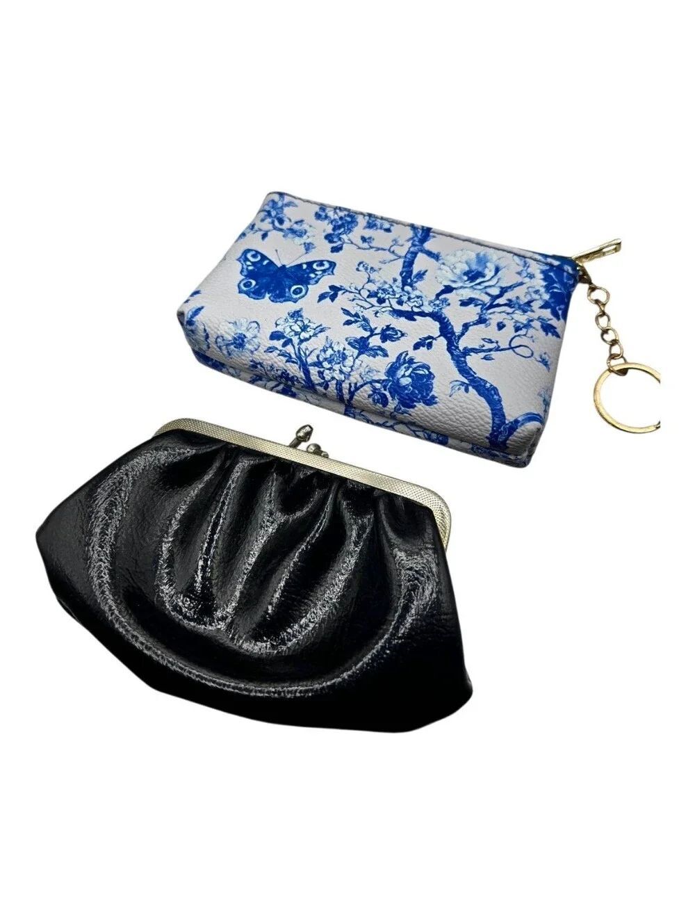 "5/$40" Lot Of 2 Coin Purses Black Vintage/Modern Blue & White Chinoiserre